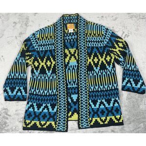 Ruby Rd Cardigan Sweater PM Open Front‎ Aztec 3/4 Sleeves Blue Green Black VTG